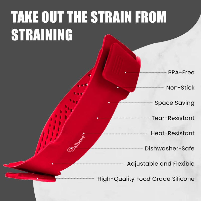 Salbree Clip On Kitchen Food Strainer for Spaghetti, Meat, Pasta, & Ground Beef Grease, Colander & Sieve Snaps or Clips Onto Bowls, Pots & Pans Includes Silicone Drainer, Brush & Garlic Peeler (Dk Red) - Image 3